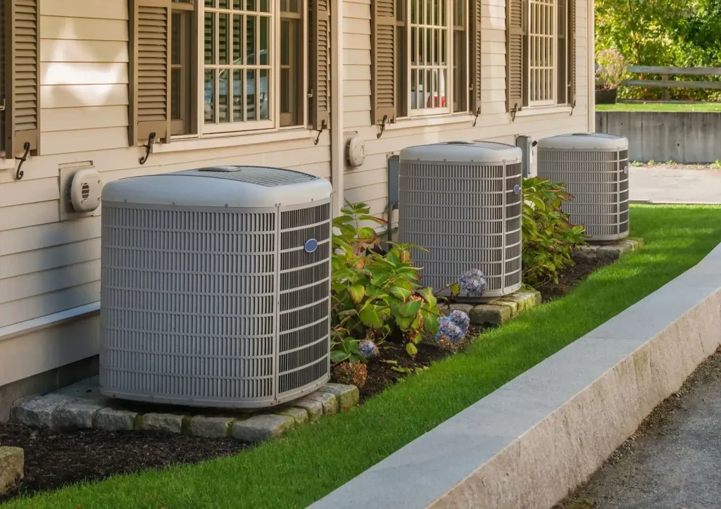 Three air conditioning units outside a building.