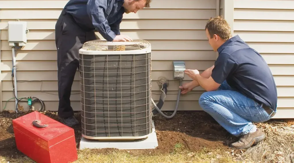 Technicians servicing an air conditioner unit.