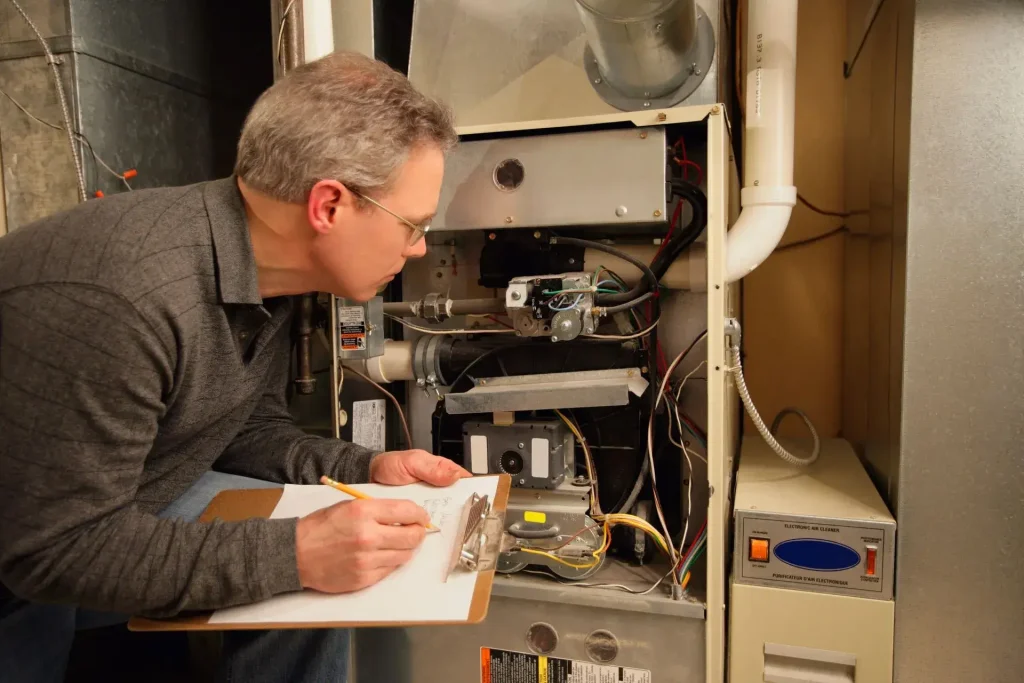 Person inspecting a furnace system.