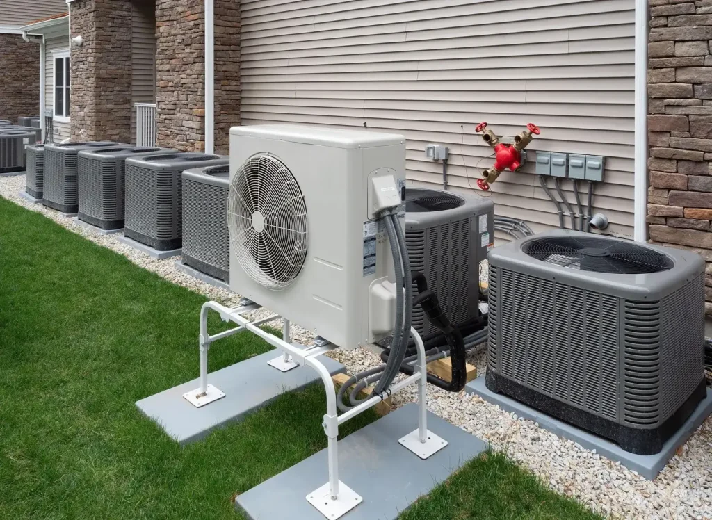 Multiple heat pumps outside a building