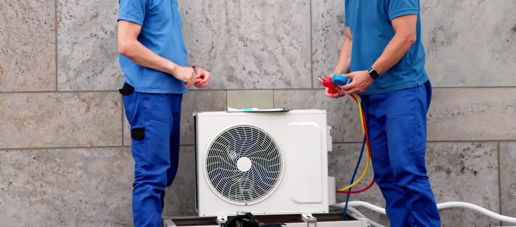 Technicians servicing a heat pump