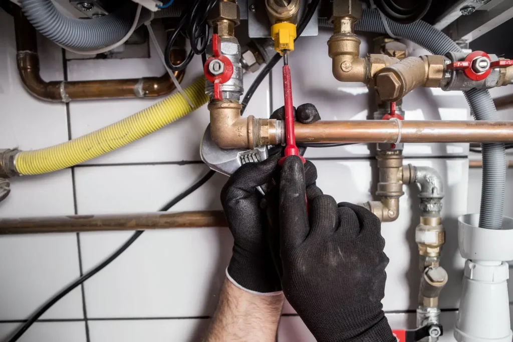 Technicians servicing an air conditioner unit.