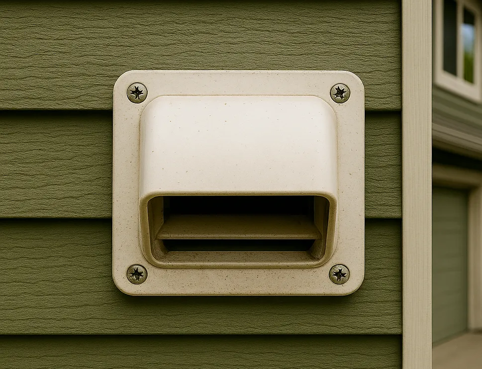 Dryer vent exit on house exterior.