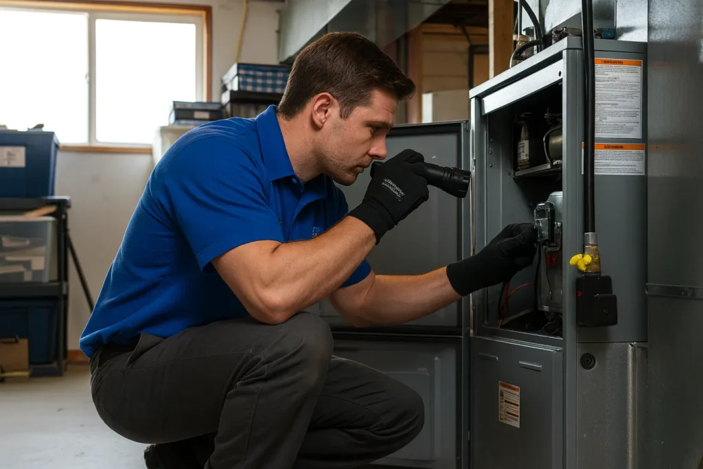 Technician inspecting a furnace with flashlight.