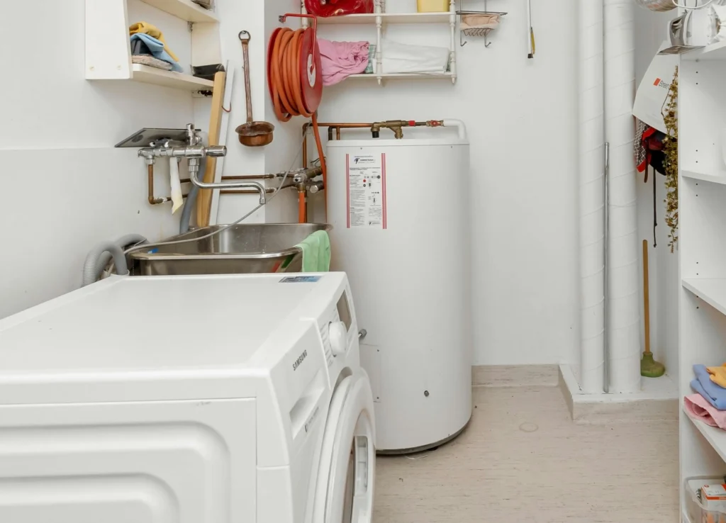 Laundry room with washer and water heater
