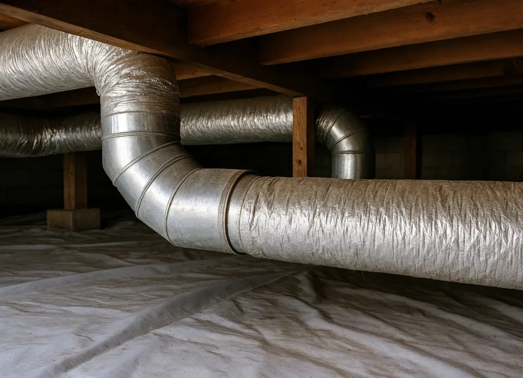 Metal ductwork under a wooden structure