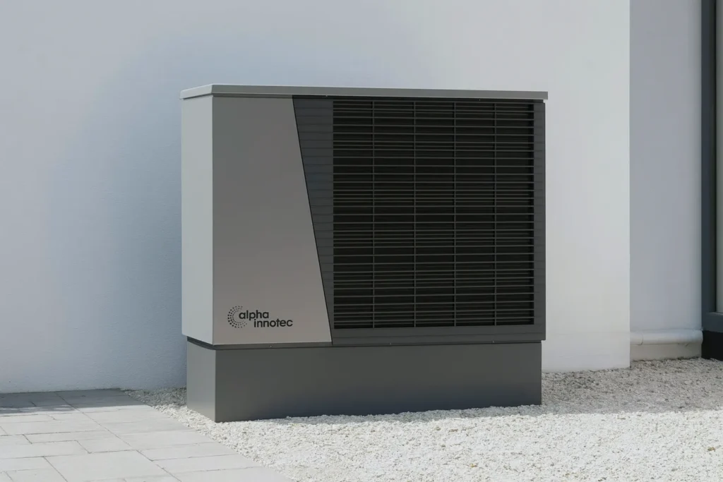 Modern heat pump unit outside building