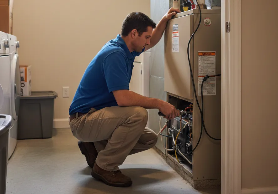 Technician inspecting a furnace unit.