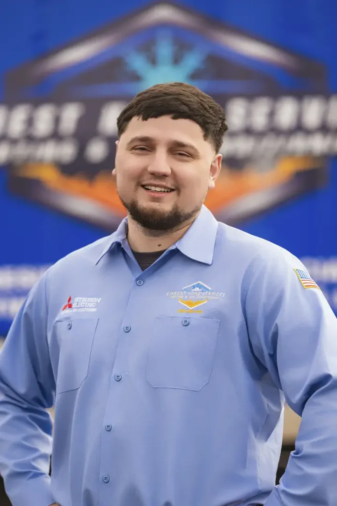 Person in blue work shirt