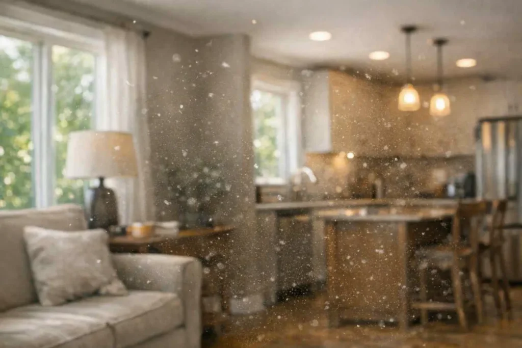 Dust particles in a cozy kitchen