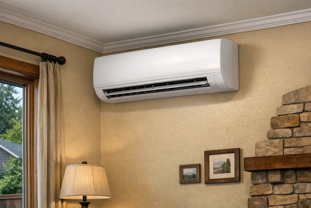 Ductless air conditioner mounted on wall