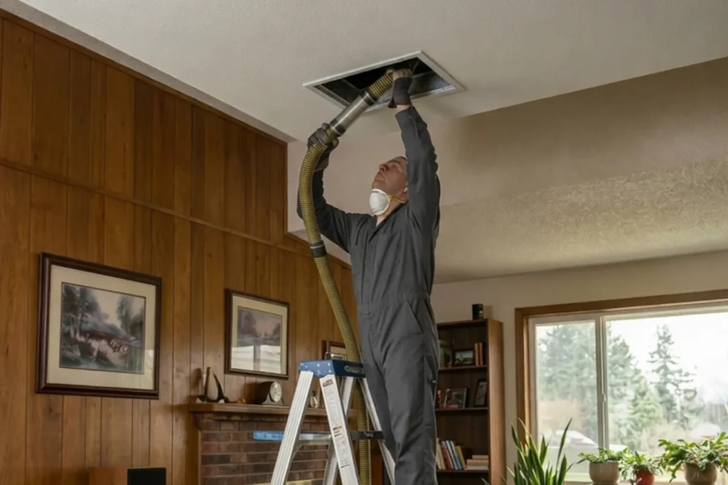 Person cleaning air ducts indoors.