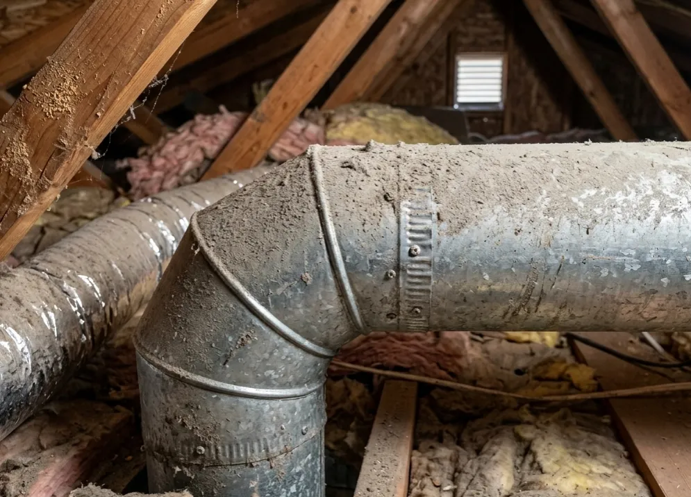Dusty ductwork in an attic space.