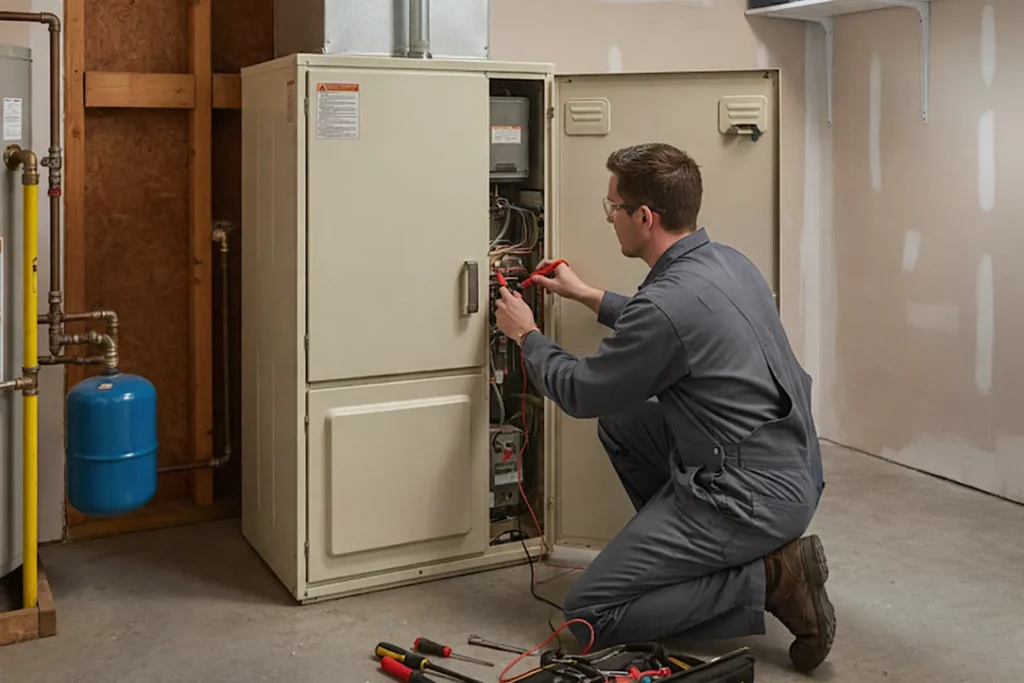 Technician servicing a furnace unit.
