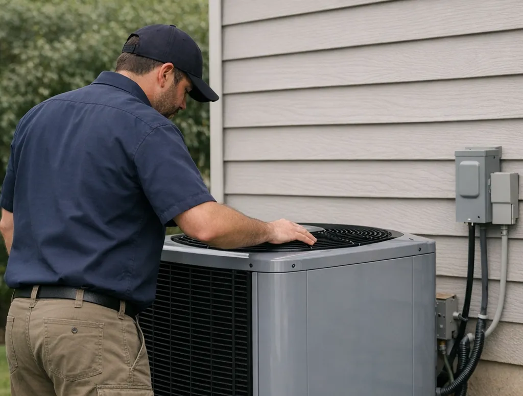 Technician inspecting outdoor heat pump unit