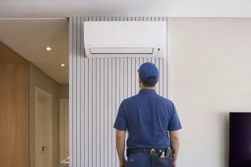 Technician assessing air conditioning unit.