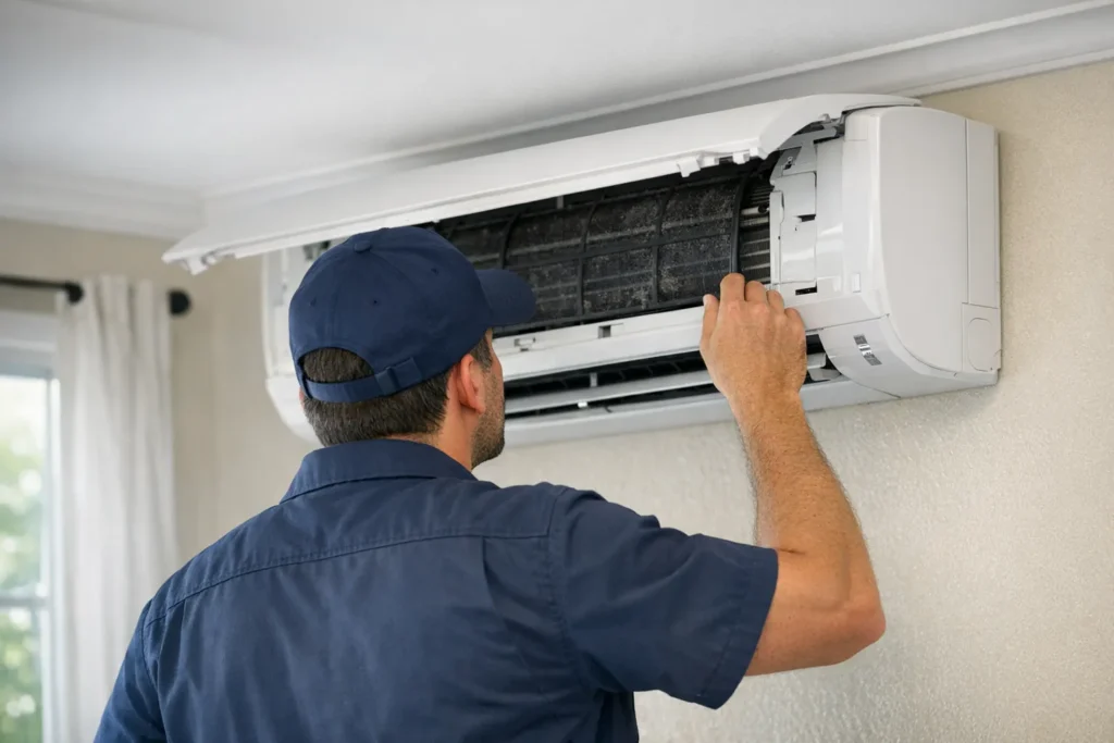 Technician servicing an air conditioning unit.