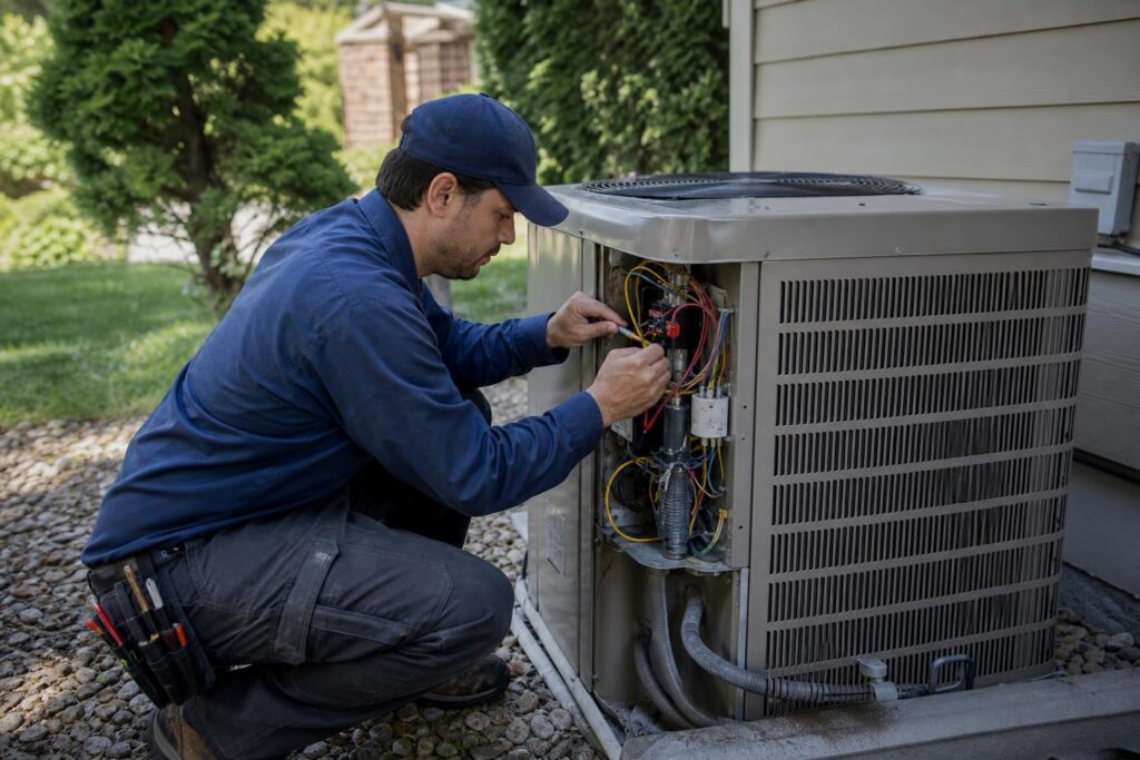 HVAC technician in a blue uniform and cap kneeling outside to repair the electrical wiring of an open air conditioning unit.