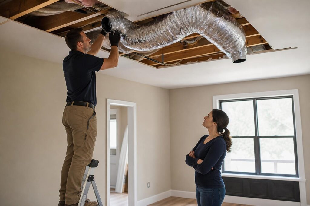 HVAC technician on a ladder installing flexible silver air ducts into an open ceiling while a homeowner watches in a modern room.