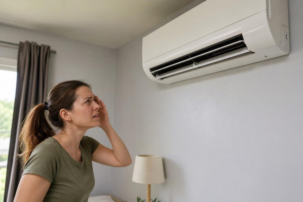 Woman looking at air conditioner worriedly