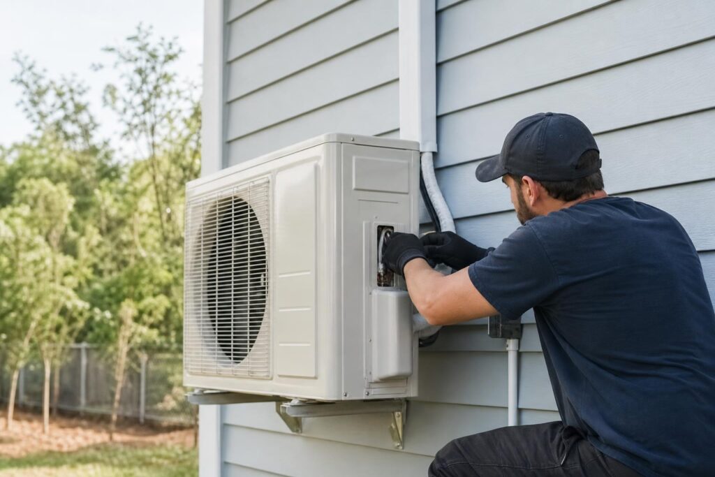 Technician in a black cap and gloves installing an outdoor mini split air conditioning unit on the side of a house with light blue siding.