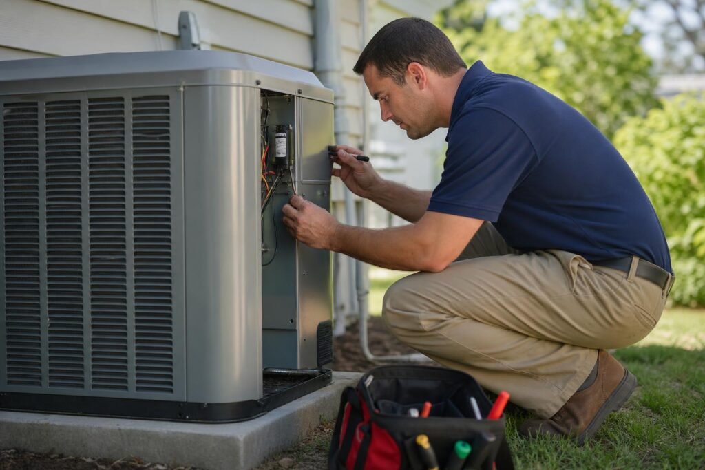 HVAC technician in a blue polo and khakis inspecting the internal wiring of an outdoor air conditioning unit on a sunny day.