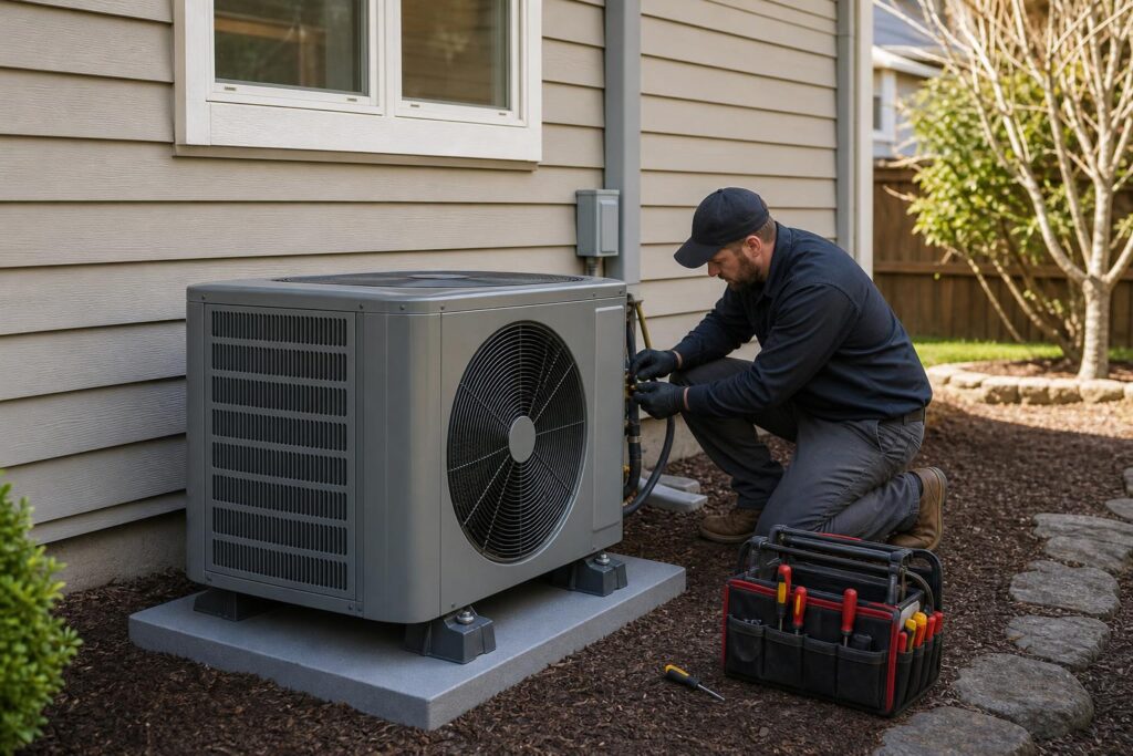 HVAC technician in a dark uniform kneeling to install or repair a grey outdoor heat pump unit next to a residential home with tan siding.