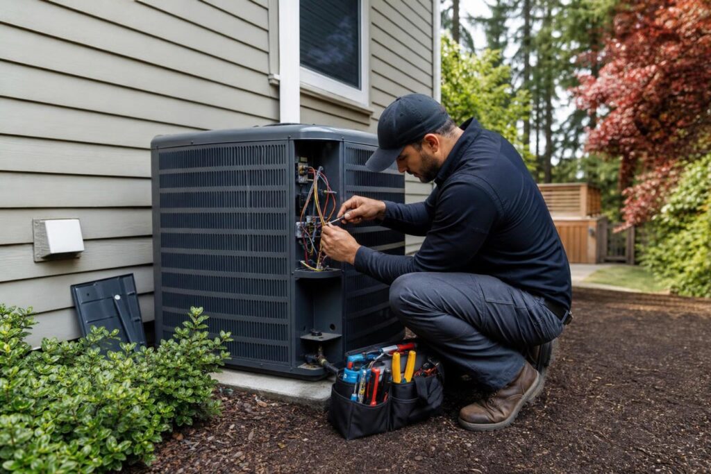 Technician in a dark uniform and cap installing or repairing the electrical wiring of an outdoor air conditioning unit next to a residential home.