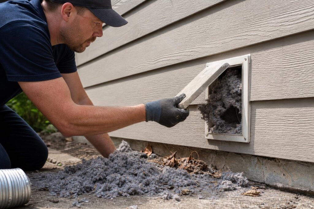 Technician in a black cap and gloves opening an exterior wall vent overflowing with thick grey lint buildup onto the ground.