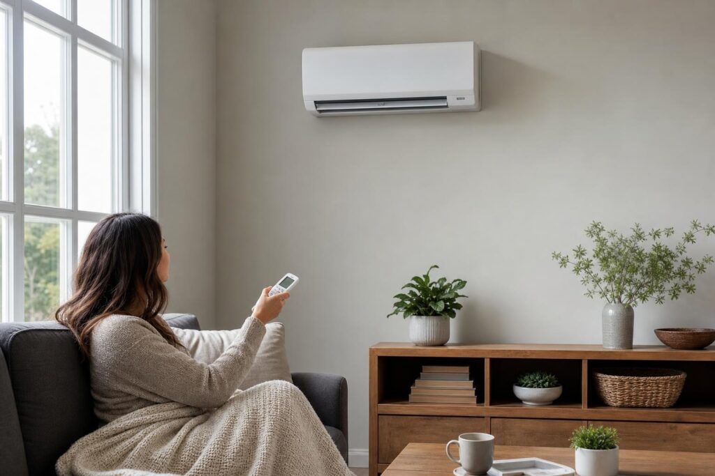 Woman sitting on a sofa using a remote control to operate a white ductless mini split air conditioner mounted on a neutral-colored wall.