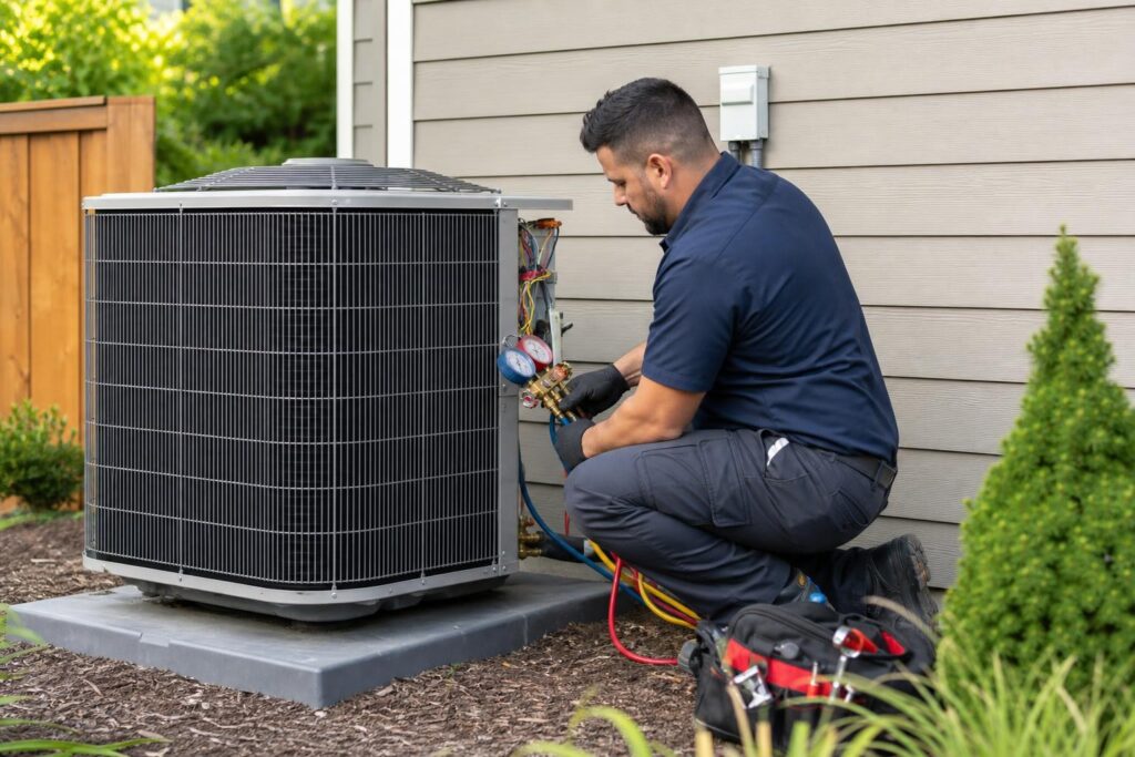 HVAC technician in a blue uniform kneeling to inspect an outdoor air conditioning unit with pressure gauges and a tool bag.