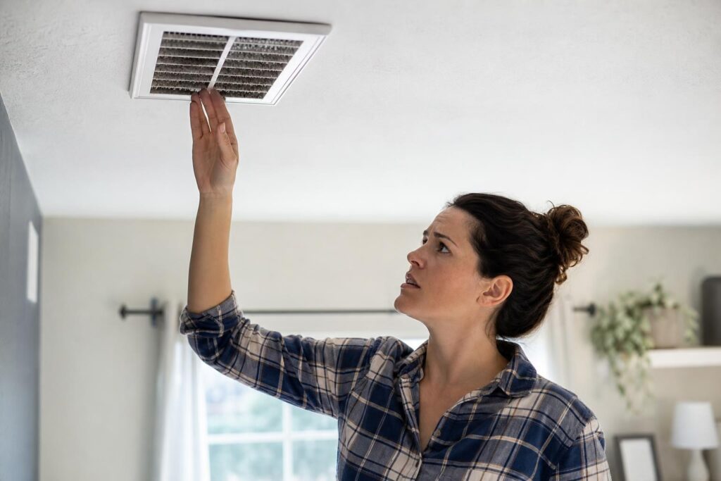 Concerned woman in a plaid shirt reaching up to inspect a very dusty and clogged ceiling air vent in a home.