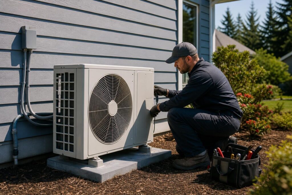 Technician in a grey cap and navy uniform installing a modern white heat pump unit outside a blue-sided house on a sunny day.