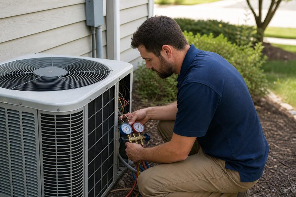 HVAC technician in a blue polo shirt kneeling outdoors to inspect an air conditioning unit using a manifold gauge with red and blue dials.