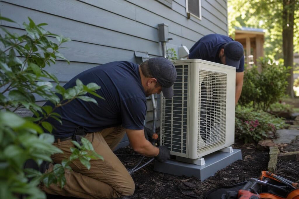 Two technicians in navy shirts and caps installing a white outdoor air conditioning unit against the grey siding of a residential home.